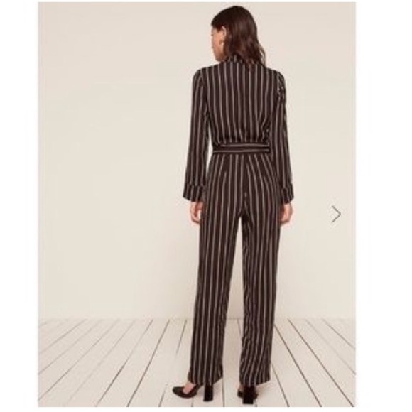 Reformation Weston Striped‎ Jumpsuit Sz 0 Wide Leg Black Beige Mesh Tag Tailored - Picture 2 of 16